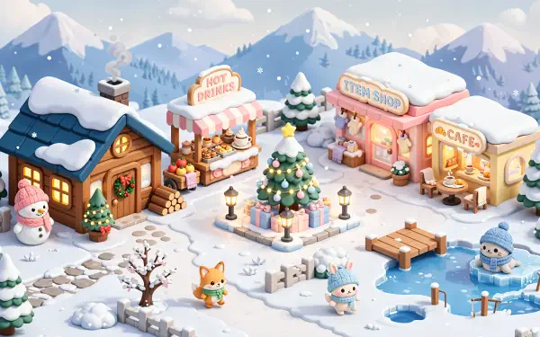 Kawaii winter Christmas village 4K Ultra HD PC desktop wallpaper — snowy cottages, festive stalls, a decorated central tree, frozen pond and adorable characters.