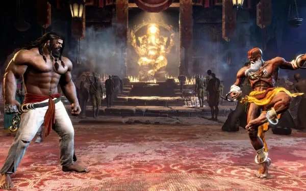 4K Ultra HD PC desktop wallpaper: Street Fighter 6 featuring Arjun (Street Fighter) and a rival fighter in a martial arts standoff in a dim temple arena with a golden statue.