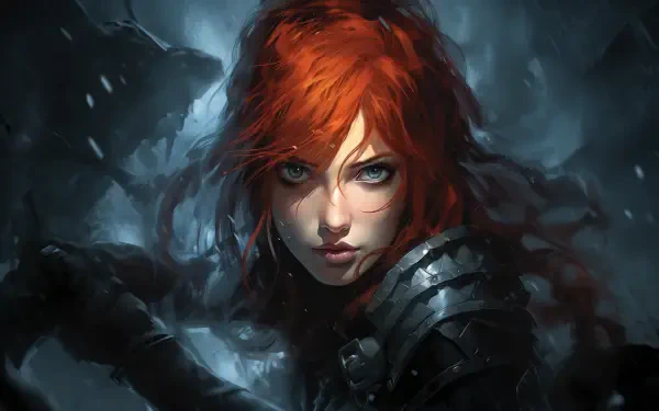 Comic digital art of Red Sonja: fierce red-haired warrior in dark armor, stormy backdrop — 2K Quad HD PC desktop wallpaper and background.