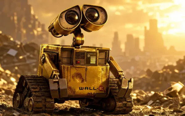 Wall·E animated character bathed in golden light among junkyard rubble — 4K Ultra HD PC desktop wallpaper background.
