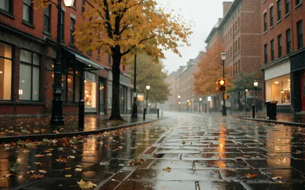 Aesthetic fall street 4K Ultra HD PC desktop wallpaper: rain-slick brick pavement, amber trees along a wet city sidewalk, glowing shop windows.
