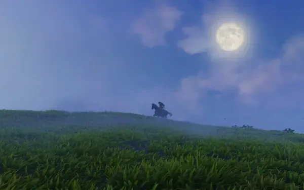 HD PC desktop wallpaper: The Legend of Zelda: Ocarina of Time — silhouetted rider on horseback crossing a grassy ridge beneath a full moon.