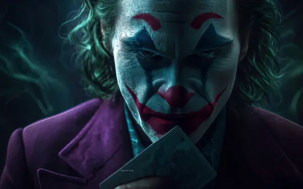 Joker close-up in smeared clown makeup and purple suit, green hair and playing cards — moody 4K Ultra HD PC desktop wallpaper.