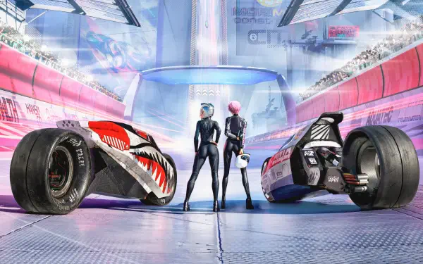 Cyberpunk race Digital Art 4K Ultra HD PC desktop wallpaper: two racers in sleek suits stand between two futuristic racing bikes inside a neon-lit terminal.