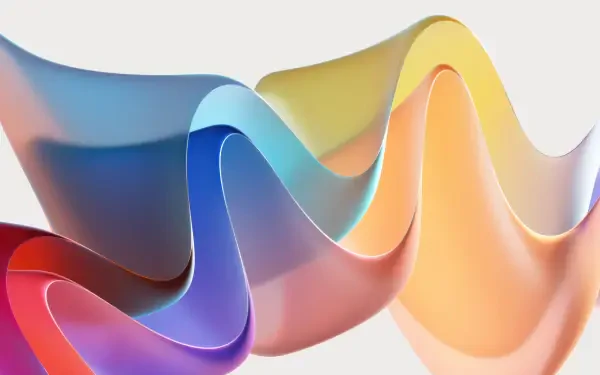 Abstract digital art 4K Ultra HD PC desktop wallpaper of flowing multicolored ribbon waves in pastel blues, purples, oranges and yellows over a white background.
