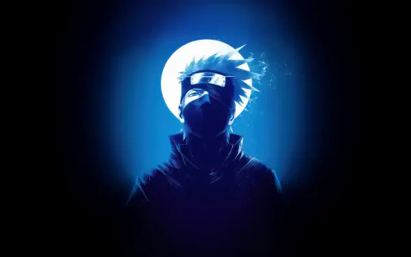 Kakashi Hatake (Naruto) 5K Ultra HD PC desktop wallpaper: silhouetted figure with mask and headband before a glowing blue moon, dramatic cool-blue lighting and mist.