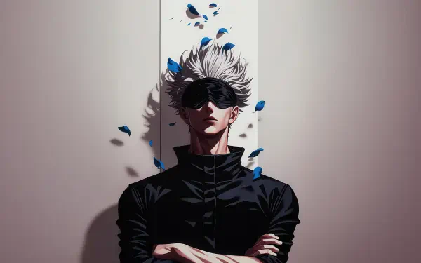 Kakashi Hatake (Naruto) 5K Ultra HD desktop wallpaper: masked, white-haired ninja with arms crossed, blue petals drifting around him against a minimalist pale background.