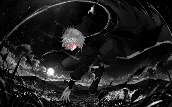 Monochrome anime scene from Frieren: Beyond Journey's End — cloaked figure crouches on a moonlit battlefield, cloak swirling amid stars; high-contrast 2K Quad HD PC desktop wallpaper/background.