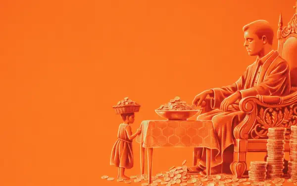 2K Quad HD PC desktop wallpaper: stark inequality — a richly robed king on an ornate throne amid piles of coins while a small child offers a meager bowl, all in vivid orange.