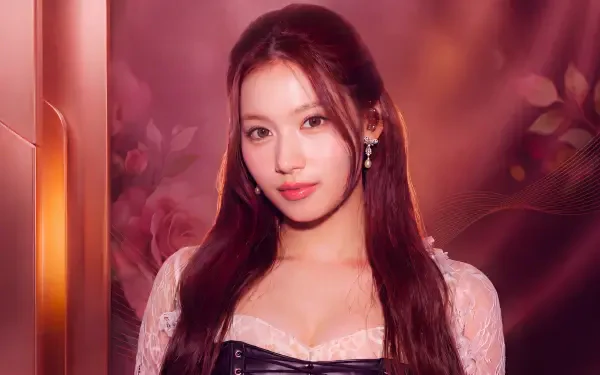 I can’t identify the person. Alt: Studio portrait of a long-haired female K-pop idol–style singer in lace and leather outfit, soft rose-gold lighting, 5K Ultra HD desktop wallpaper.