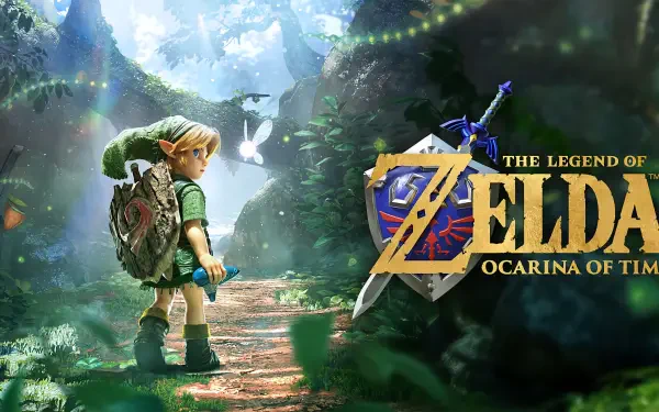 4K Ultra HD PC wallpaper of Link from The Legend of Zelda: Ocarina of Time in a sunlit forest glade with Navi, the Master Sword, Hylian Shield and the game's logo.