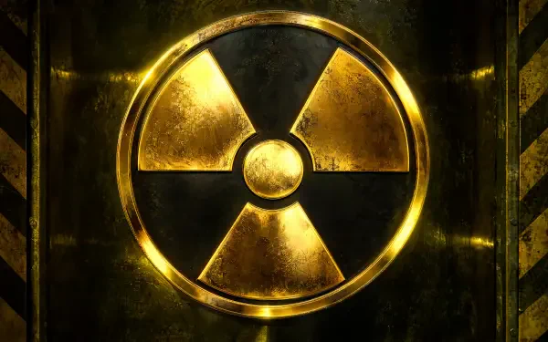 4K Ultra HD PC desktop wallpaper showing a glowing metallic radioactive hazard symbol in gold on a dark, weathered industrial background.