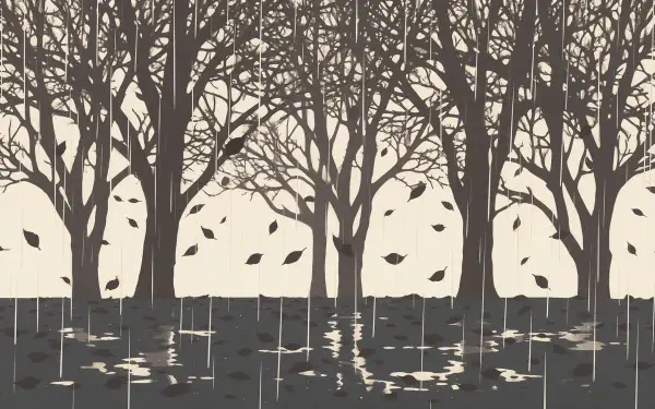2K Quad HD PC wallpaper: rainy fall forest of bare trees, leaves swirling and puddles reflecting trunks, a lone bird perched among branches.