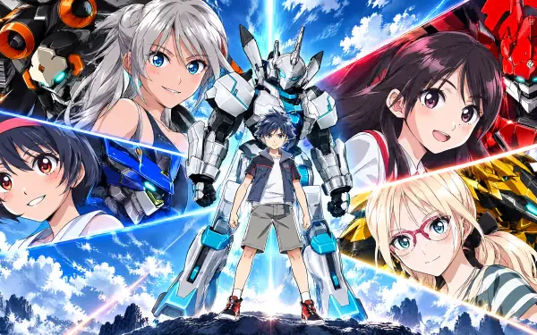 Vertex Force anime mecha 4K Ultra HD PC desktop wallpaper/background: central teen pilot beside a white-blue mecha, framed by four colorful allies and a dramatic sky.