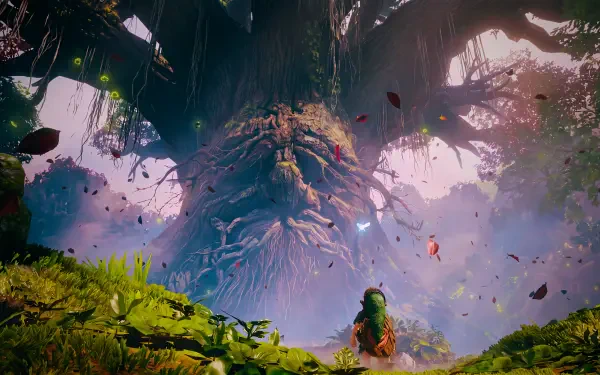 5K Ultra HD wallpaper: Link kneels before the towering Great Deku Tree in fantasy game art from The Legend of Zelda: Ocarina of Time (2026), glowing forest light and drifting leaves.