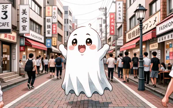 Cute ghost floating happily in a busy Japanese-style shopping street with storefronts and pedestrians, 2K Quad HD PC desktop wallpaper/background.