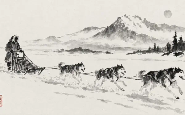 4K Ultra HD PC desktop wallpaper: monochrome dog sled team pulling a musher across a snowy plain toward a distant mountain and pine forest.