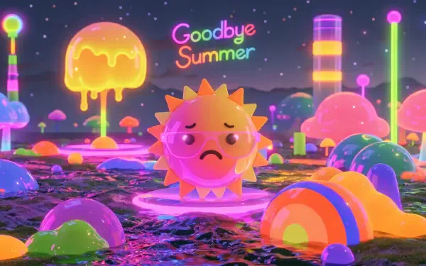 Neon Goodbye Summer cartoon scene: sad melting sun amid glowing mushrooms and domes, vibrant 2K Quad HD PC desktop wallpaper and background.