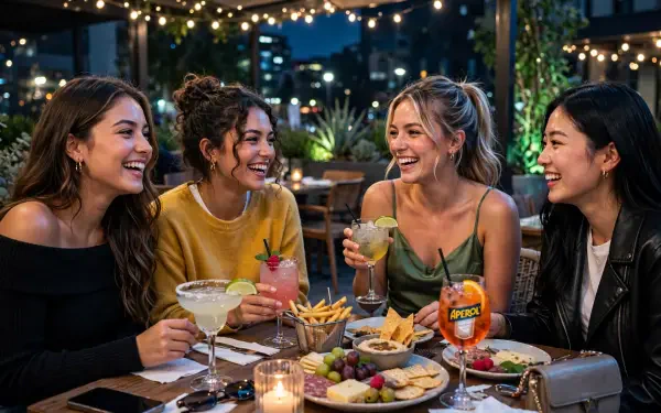 HD PC desktop wallpaper of four women friends enjoying a girls' night at a restaurant, laughing over cocktails and shared plates beneath warm string lights.