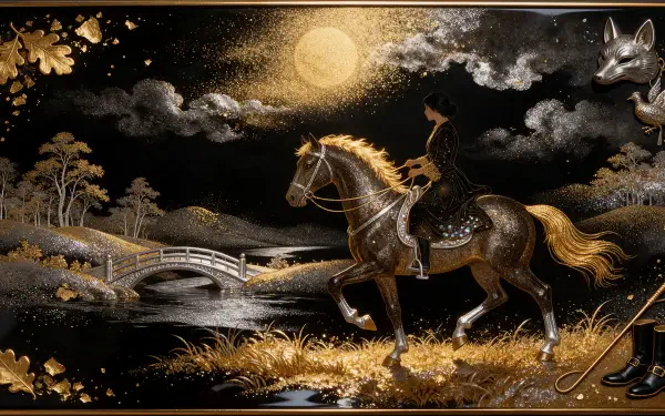 Weekend Equestrian — horse and rider in gold-accent moonlit landscape with stone bridge and fox motif; ornate 2K Quad HD PC desktop wallpaper background.
