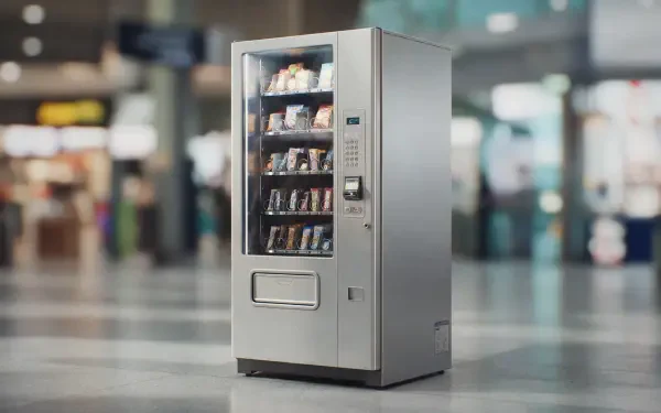 2K Quad HD PC desktop wallpaper and background: a silver vending machine in a bright modern terminal with blurred travelers and glossy floor reflections.