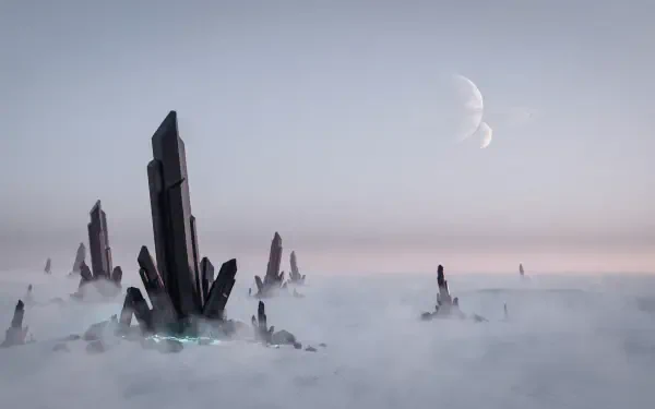 Sci-fi planet landscape: jagged rock spires piercing thick fog beneath twin crescent moons — 2K Quad HD PC desktop wallpaper.
