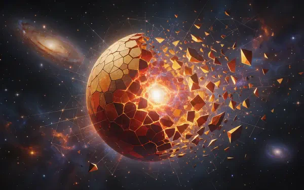 2K Quad HD PC desktop wallpaper: planet destruction in space — a fiery planet exploding, hexagonal crust shattering into glowing shards and debris.