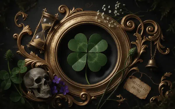 2K Quad HD PC desktop wallpaper and background: ornate gold frame encircles a vivid four-leaf clover (clover) amid a skull, hourglass, bells and dark foliage.