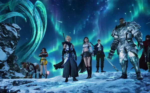 Final Fantasy VII Revelation 4K Ultra HD PC desktop wallpaper: a team of warriors from the video game Final Fantasy stand on snowy terrain beneath auroras, weapons drawn.