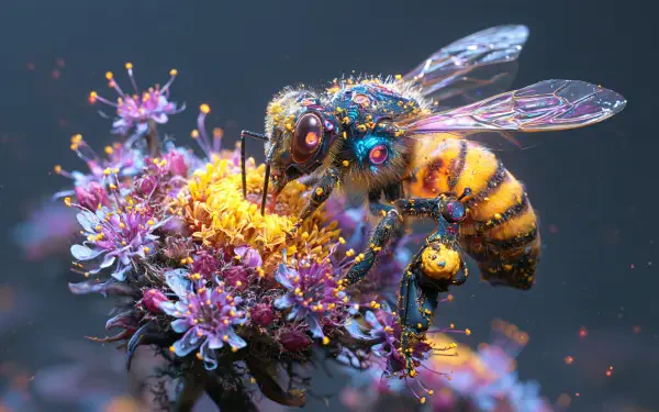 2K Quad HD PC desktop wallpaper: AI Art Fantasy & Sci‑Fi nature scene — an iridescent, jewel-like bee pollinating purple blossoms in a luminous, otherworldly garden.