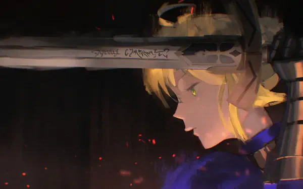 2K Quad HD anime desktop wallpaper of Artoria Pendragon (Fate), side profile with raised sword, glowing green eye, embers drifting against a dark, moody backdrop.