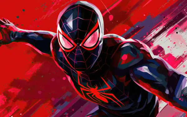 Miles Morales in a red-and-black Spider suit leaping toward the viewer amid dynamic red and black splashes — 2K Quad HD PC desktop wallpaper.