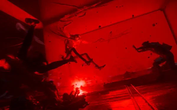 Control Resonant 2K Quad HD PC desktop wallpaper: silhouetted divers underwater, bathed in deep red light amid drifting debris.