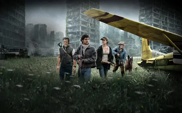 The Dog Stars 4K Ultra HD PC desktop wallpaper: four survivors and a yellow bush plane walk through an overgrown field among crumbling high-rises under a stormy sky.