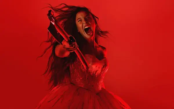 Screaming woman in a blood-red gown brandishing an axe against a red backdrop — 4K Ultra HD PC desktop wallpaper for Monster: The Lizzie Borden History.