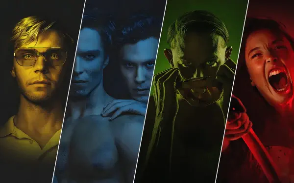 4K Ultra HD PC desktop wallpaper and background: four-panel monster montage — yellow-lit man with glasses, blue-toned twins, green sinister figure, red-screaming woman