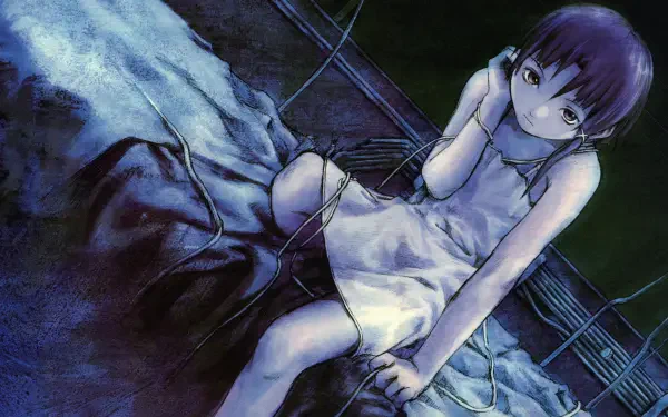 Serial Experiments Lain — Lain Iwakura sits on a bed in a white slip, cables wrapped around her, bathed in moody blue-green light; 2K Quad HD PC desktop wallpaper.