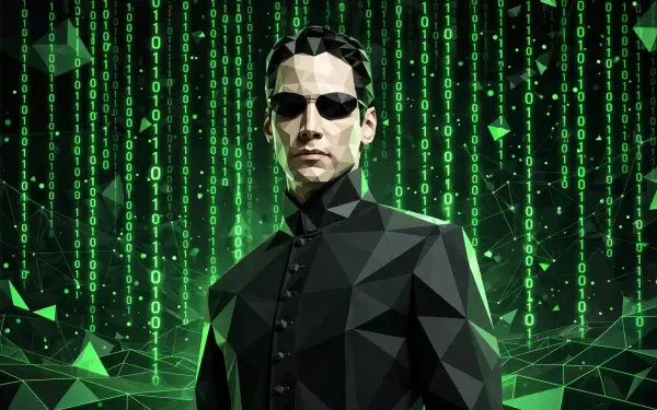 HD PC desktop wallpaper of Neo (The Matrix): polygonal man in black coat and sunglasses standing before cascading green Matrix code.