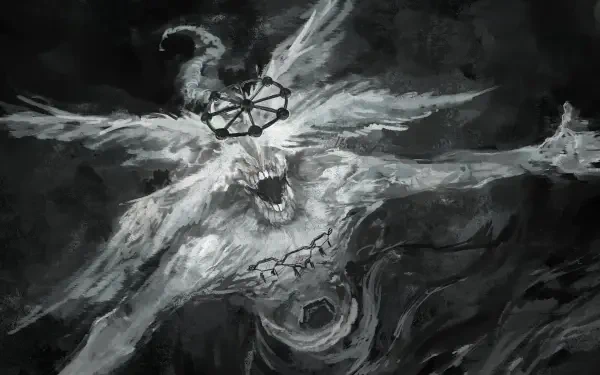 Monochrome depiction of Mahoraga (Jujutsu Kaisen): multi-limbed snarling demon/monster emerging from swirling shadows, rendered as a 4K Ultra HD PC desktop wallpaper background.
