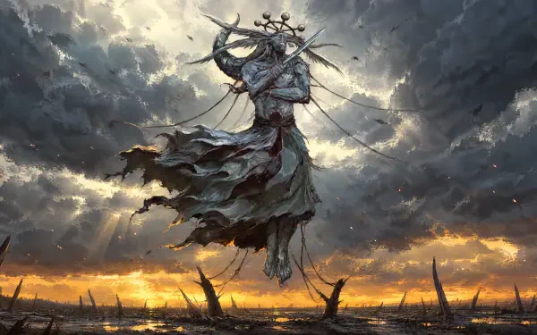 Mahoraga (Jujutsu Kaisen) warrior hovers above a storm-torn battlefield beneath roiling clouds and a fiery sunset — 4K Ultra HD PC desktop wallpaper/background.