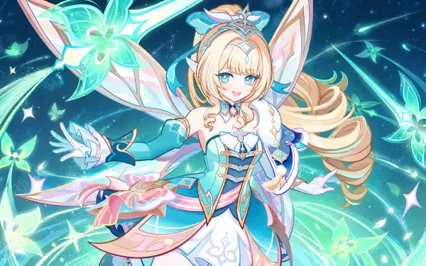 Genshin Impact Vesna: blonde anime fairy girl in teal-white magical outfit with translucent wings and glowing green floral magic, vibrant 4K Ultra HD PC desktop wallpaper.