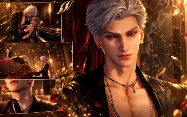 4K Ultra HD PC desktop wallpaper: Sylus, an anime male in a Love and Deepspace-inspired scene—close-up portrait with smoldering gaze, leather jacket and cinematic gold lights.
