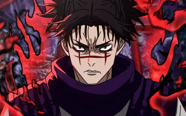 Choso from Jujutsu Kaisen stares intensely, red facial markings and black‑red swirling aura behind him — 5K Ultra HD PC desktop wallpaper/background.
