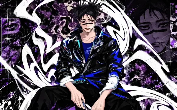Choso (Jujutsu Kaisen) seated amid purple-and-white energy swirls, dark grunge anime backdrop — 4K Ultra HD PC desktop wallpaper/background.