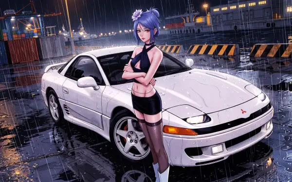 5K Ultra HD PC desktop wallpaper of Konan (Naruto): blue‑haired anime girl leaning against a white Mitsubishi Eclipse on a rain‑slick city night.