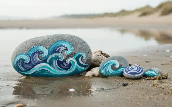 Rock painting of stylized turquoise ocean waves on stones resting on a sandy beach — 2K Quad HD PC desktop wallpaper and background.
