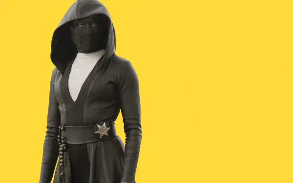 Watchmen (TV Show) character in black hooded outfit with masked face and sheriff star on belt, on a bright yellow background — 2K Quad HD PC desktop wallpaper.