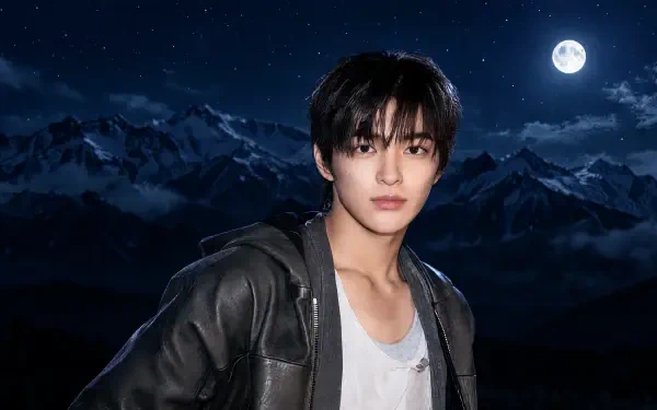Cortis fashion portrait of a man in a leather jacket against moonlit mountain night with full moon — 4K Ultra HD PC desktop wallpaper background