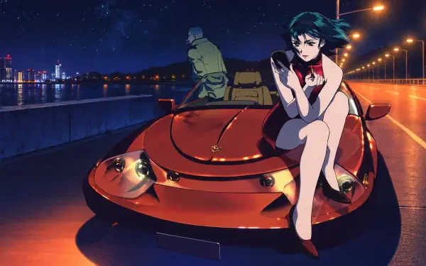 4K Ultra HD PC desktop wallpaper: Cowboy Bebop anime scene with Faye Valentine seated on a red sports car and Jet Black watching the city lights at night.