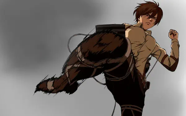 Mikasa Ackerman from Attack on Titan, a fierce fighter, launching a powerful mid-air kick with ODM gear — dynamic anime 5K Ultra HD PC desktop wallpaper.